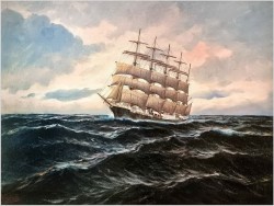 Pięciomasztowy żaglowiec w wieczornym blasku - Alfred Gabali *1886