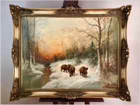 Rarytas! Zimowy pejzaż z dzikami - W.v.Kamp (120cm X 90cm)