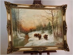 Rarytas! Zimowy pejzaż z dzikami - W.v.Kamp (120cm X 90cm)