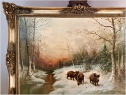 Rarytas! Zimowy pejzaż z dzikami - W.v.Kamp (120cm X 90cm)