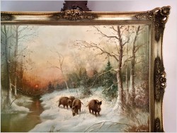 Rarytas! Zimowy pejzaż z dzikami - W.v.Kamp (120cm X 90cm)