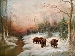 Rarytas! Zimowy pejzaż z dzikami - W.v.Kamp (120cm X 90cm)