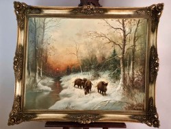 Rarytas! Zimowy pejzaż z dzikami - W.v.Kamp (120cm X 90cm)