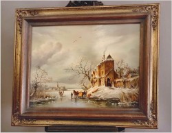 Scena zimowa z postaciami na lodzie - W.E. van Rolland (Maastricht *1926)