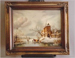 Scena zimowa z postaciami na lodzie - W.E. van Rolland (Maastricht *1926)