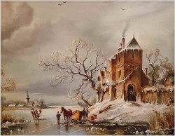 Scena zimowa z postaciami na lodzie - W.E. van Rolland (Maastricht *1926)