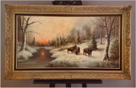 Obraz olejny! Wataha dzików w zimowym lesie - Büchner XXw.