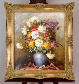 Pałacowy bukiet kwiatów w wazonie - sygn. Konrad | Niemcy XXw. 