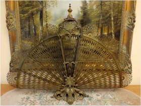 MOSIĘŻNY ROZKŁADANY PAW, OSŁONA DO KOMINKA W STYLU SECESJI ~ FRANCJA Ipoł. XXw.