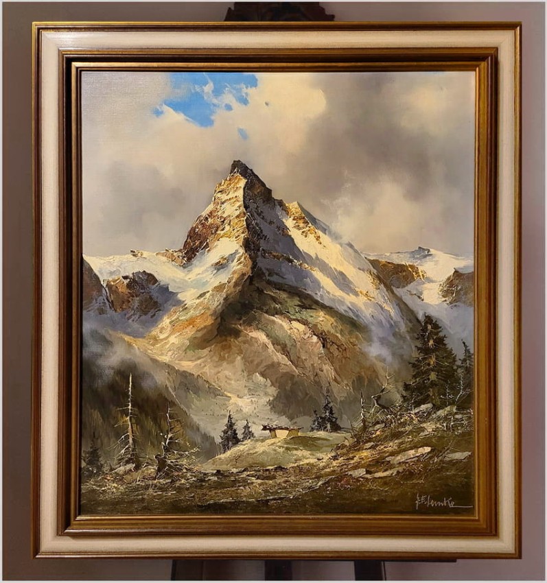 Super obraz olejny! Matterhorn w Szwajcarii - J.E. Lemke *1916