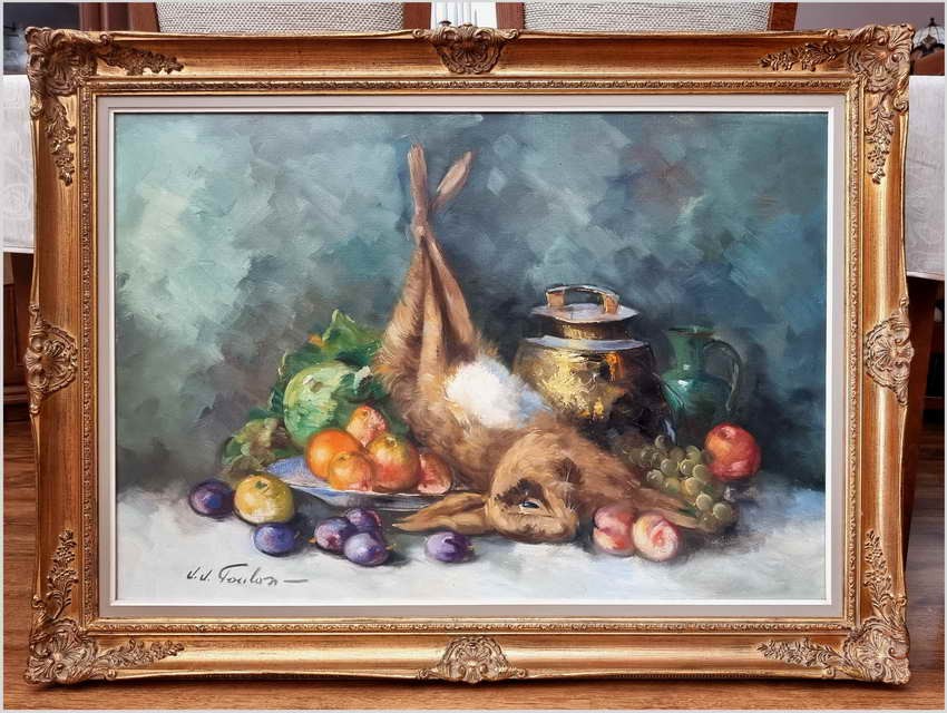 Malarstwo z owocami i zającem do kuchni - Jean-Jacques Foulon 1923*