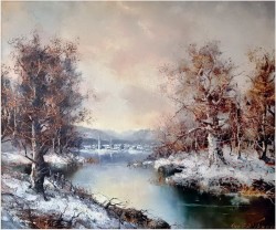 Obraz olejny! Zimowy pejzaż wiejski - Friedrich Karl Thauer (1924-2009)