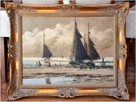 Łodzie rybackie! Rozładunek krabów - Jean Coune (1900-1963) Certyfikat!