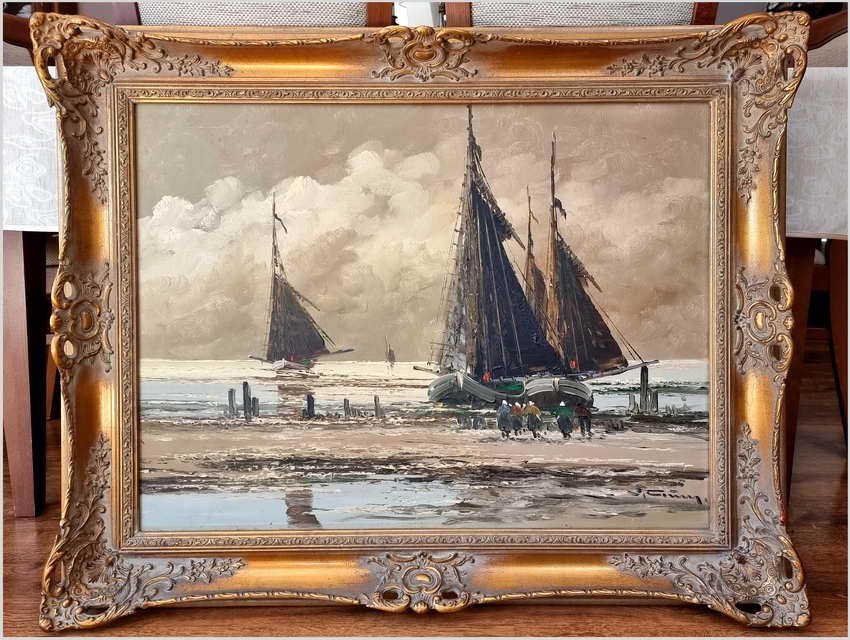 Łodzie rybackie! Rozładunek krabów - Jean Coune (1900-1963) Certyfikat!