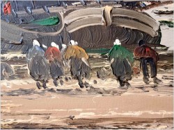Łodzie rybackie! Rozładunek krabów - Jean Coune (1900-1963) Certyfikat!