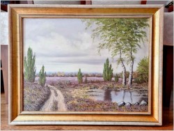  Stary obraz olejny! Droga przez wrzosowe pola - Sygn. około 1960 rok