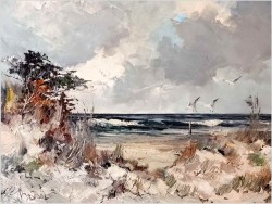 7. Widok na wydmy i mewy lecące na tle Bałtyku - John BÉVORT (1917-1996)
