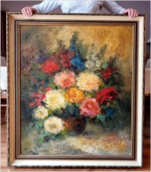 Duży obraz olejny! Kolorowe kwiaty w wazonie - Peter BROUWER  *1935 