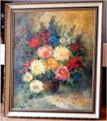 Duży obraz olejny! Kolorowe kwiaty w wazonie - Peter BROUWER  *1935 