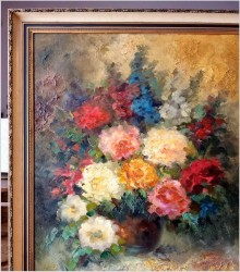 Duży obraz olejny! Kolorowe kwiaty w wazonie - Peter BROUWER  *1935 