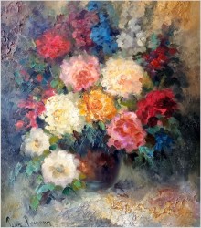 Duży obraz olejny! Kolorowe kwiaty w wazonie - Peter BROUWER  *1935 