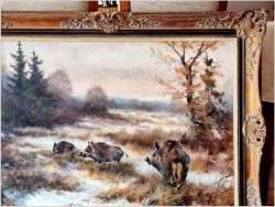 Dziki na zaśnieżonej leśnej polanie - Paul Wilhelm Dahms (1913-1988)