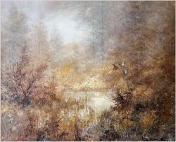 Myśliwski! Kaczki unoszące się w porannej mgle - Peter BROUWER  *1935