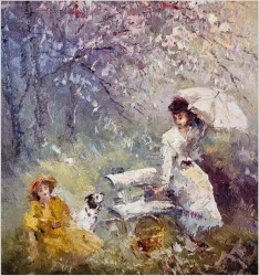 Obraz olejny do nowoczesnych wnętrz! Spacer w parku - John BÉVORT (1917-1996)