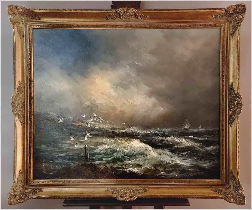 Duży obraz XXL! Widok na Mewy i fale Bałtyku - John BÉVORT (1917-1996)