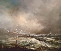 Duży obraz XXL! Widok na Mewy i fale Bałtyku - John BÉVORT (1917-1996)