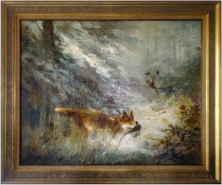 Duży obraz myśliwski! Lis polujący na kuropatwy - John BÉVORT (Książka gratis!)