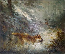 Duży obraz myśliwski! Lis polujący na kuropatwy - John BÉVORT (Książka gratis!)