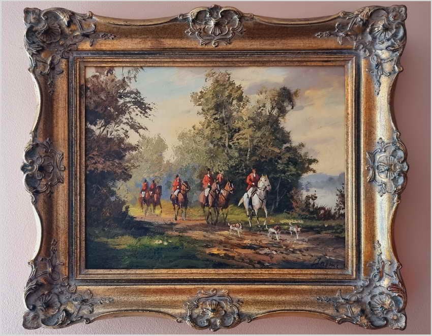 Obraz olejny! Wyjazd na polowanie -  Sygn Harmc (Düsseldorf XXw.)