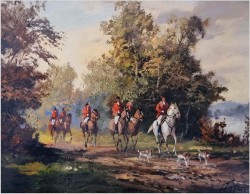 Obraz olejny! Wyjazd na polowanie -  Sygn Harmc (Düsseldorf XXw.)