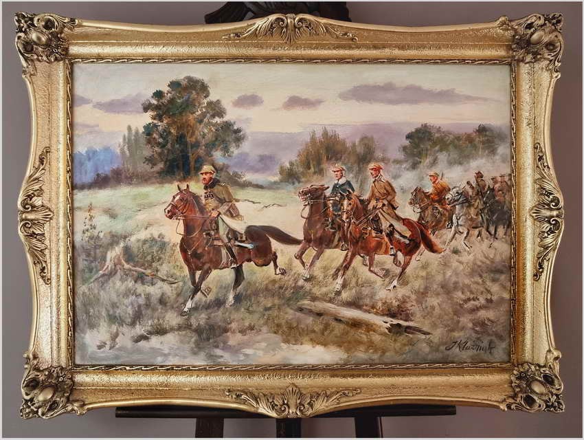 Polskie malarstwo! Scena szarży ułanów - Jerzy Kluźniak (1928-2013)