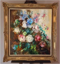 Malarstwo szpachlowe! Barwna kompozycja kwiatowa - Henze P. Morro (1925-2013)