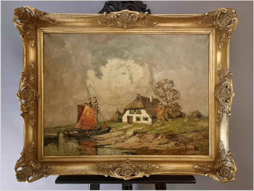 Malarstwo Marynistyczne! Łodzie w wiosce rybackiej - Rudolf Priebe (Kiew 1889-1964 Hamburg)