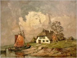 Malarstwo Marynistyczne! Łodzie w wiosce rybackiej - Rudolf Priebe (Kiew 1889-1964 Hamburg)