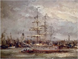 Widok na trójmasztowiec w zatoce portowej - John BÉVORT (1917-1996)