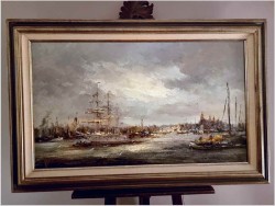 Widok na trójmasztowiec w zatoce portowej - John BÉVORT (1917-1996)