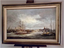 Widok na trójmasztowiec w zatoce portowej - John BÉVORT (1917-1996)