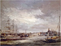 Widok na trójmasztowiec w zatoce portowej - John BÉVORT (1917-1996)