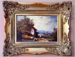 Wiejski krajobraz! Kobieta karmiąca gęsi - Gerchard Koch (Düsseldorf XXw.)