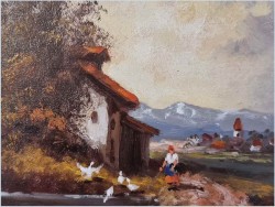 Wiejski krajobraz! Kobieta karmiąca gęsi - Gerchard Koch (Düsseldorf XXw.)