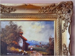 Wiejski krajobraz! Kobieta karmiąca gęsi - Gerchard Koch (Düsseldorf XXw.)