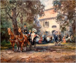 Wspaniały obraz olejny! Piknik w parku - Otto Reila ( München XXw.)