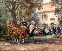 Wspaniały obraz olejny! Piknik w parku - Otto Reila ( München XXw.)