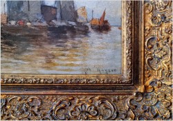 Stara marynistyka! Łodzie na redzie - Hans Johann Wagner ur. (Österreich 1866 – 1940) Pozycja II