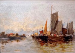 Stara marynistyka! Łodzie na redzie - Hans Johann Wagner ur. (Österreich 1866 – 1940) Pozycja II