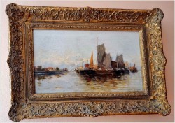 Stara marynistyka! Łodzie na redzie - Hans Johann Wagner ur. (Österreich 1866 – 1940) Pozycja II